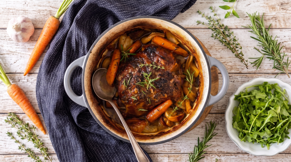 Slow-braised lamb shoulder with winter vegetables
