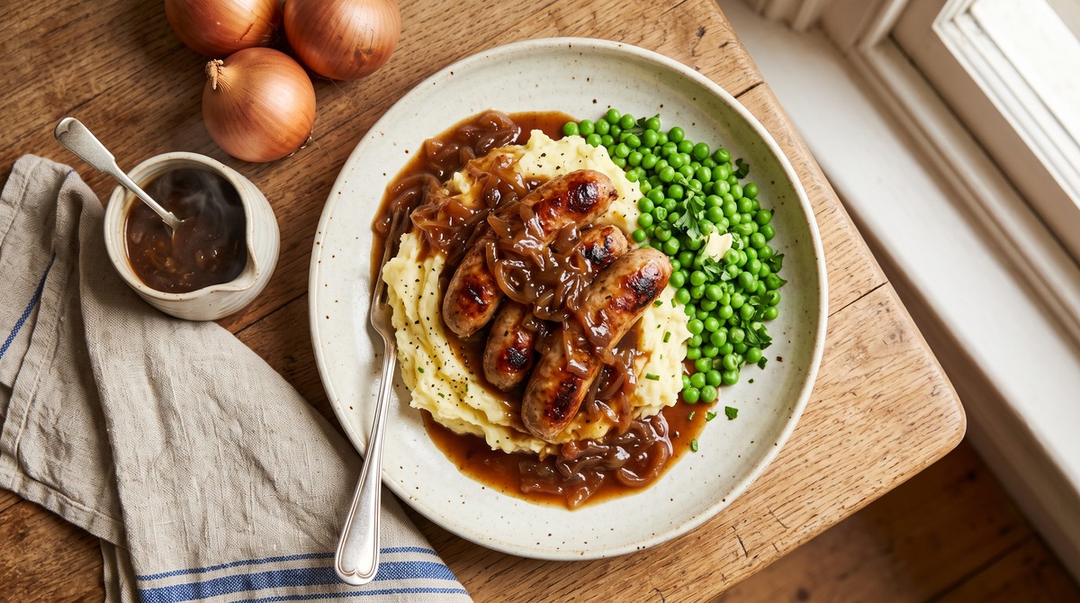 Bangers and Mash with Caramelised Onion Gravy