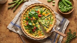 A spring vegetable quiche with a golden cheddar pastry crust