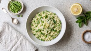 serve of lemon and pea risotto in a shallow white ceramic bowl