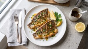 Two barramundi fillets served skin side up on a white ceramic plate.